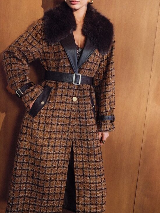 Jackets & Blazers - Brown Plaid Tweed Faux Fur Collar Vegan Leather Trim Belted Midi Coat